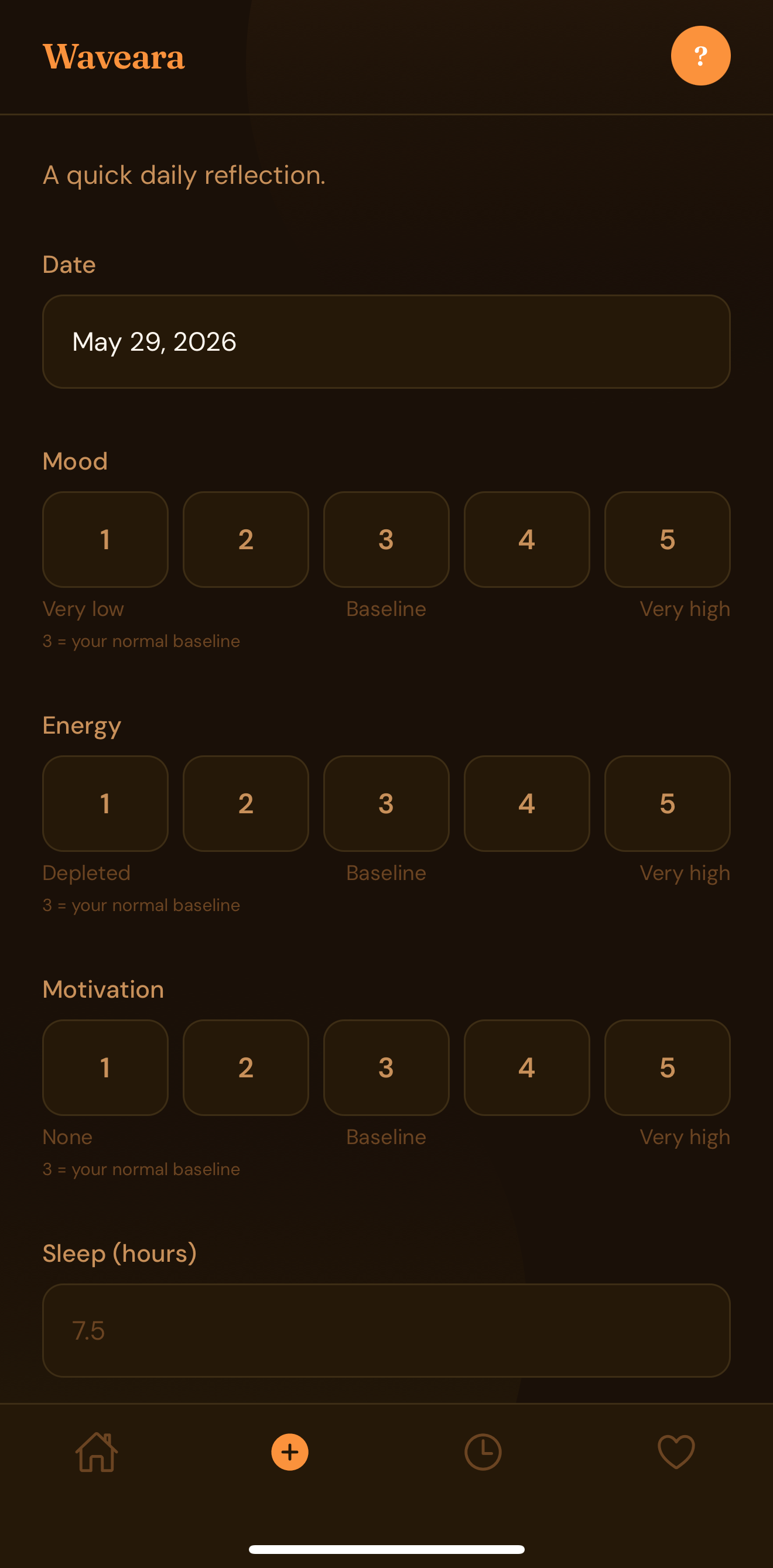 Waveara daily check-in screen for mood, energy, motivation, and sleep.