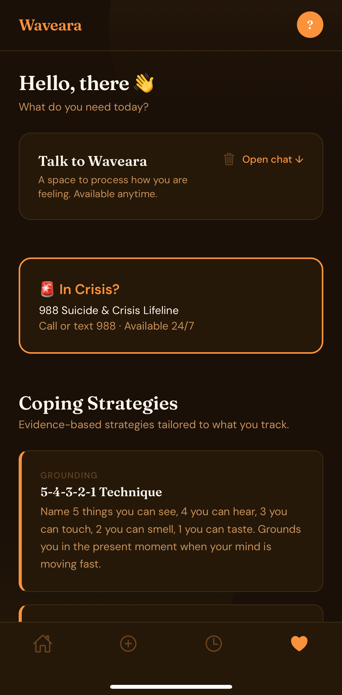 Waveara support screen showing chat, crisis support, and coping strategy sections.