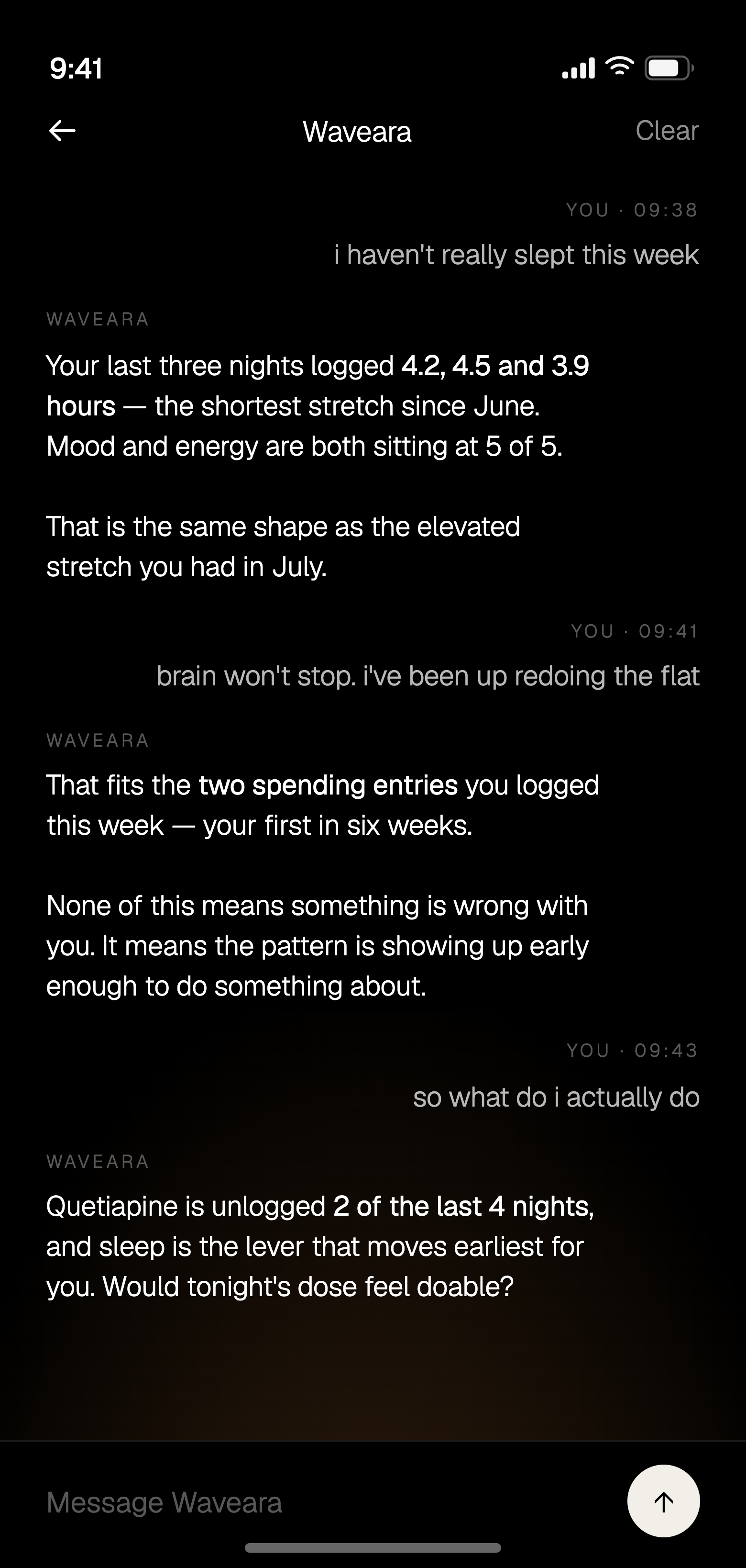 Waveara chat: the assistant cites the last three nights of logged sleep, this week's spending entries, and missed medication doses.