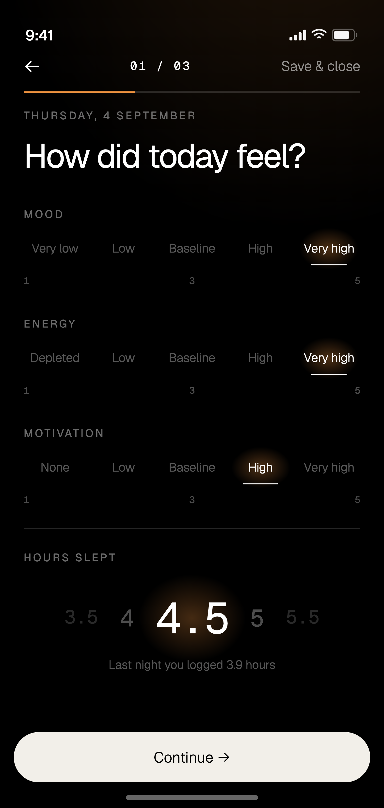 Waveara check-in, step one of three: mood, energy and motivation as worded scales, and a sleep wheel showing 4.5 hours.